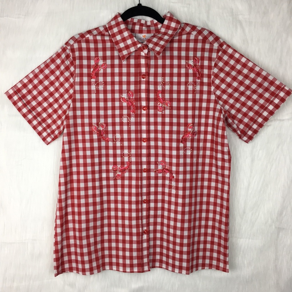 ✨Quacker Factory "Lobster" Red Gingham Button Down Shirt